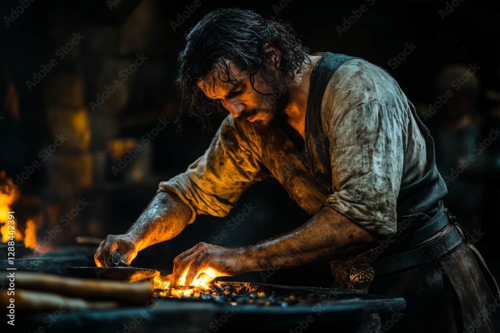 Poster blacksmith demonstrating craftsmanship in a medieval forge during evening hours with glowing coals