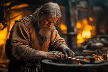 Skilled blacksmith in a rustic forge crafting a sword, illuminated by warm glowing embers and flames