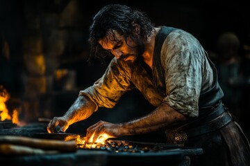 Fototapeta premium Blacksmith demonstrating craftsmanship in a medieval forge during evening hours with glowing coals