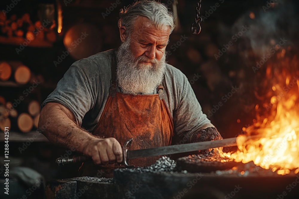 Poster master blacksmith working on a sword in a traditional forge during the late afternoon
