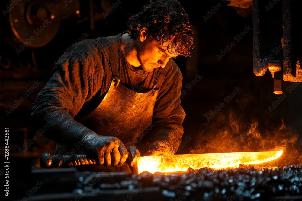 Poster blacksmith shaping a glowing sword in a traditional forge during early evening hours