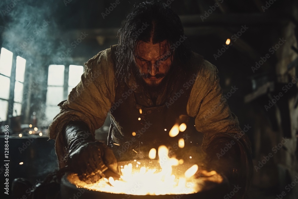 Poster blacksmith forging metal in an old workshop during twilight with glowing sparks flying around