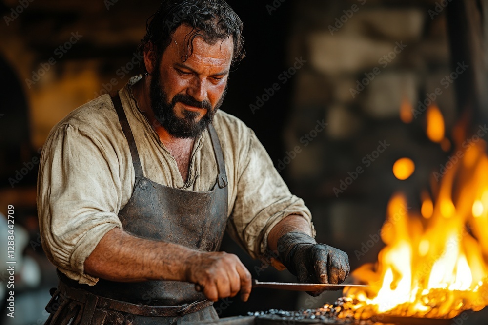 Poster blacksmith skillfully shapes metal in a workshop surrounded by glowing forge flames in a historic se