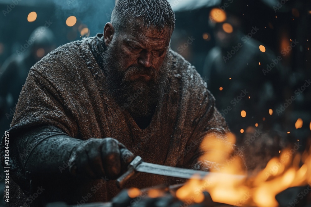 Poster blacksmith forging a sword in a medieval village during a cold evening under flickering flames