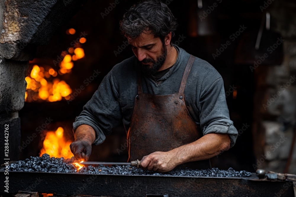 Aufkleber Blacksmith forging metal in a traditional workshop with glowing embers in the background during evening hours