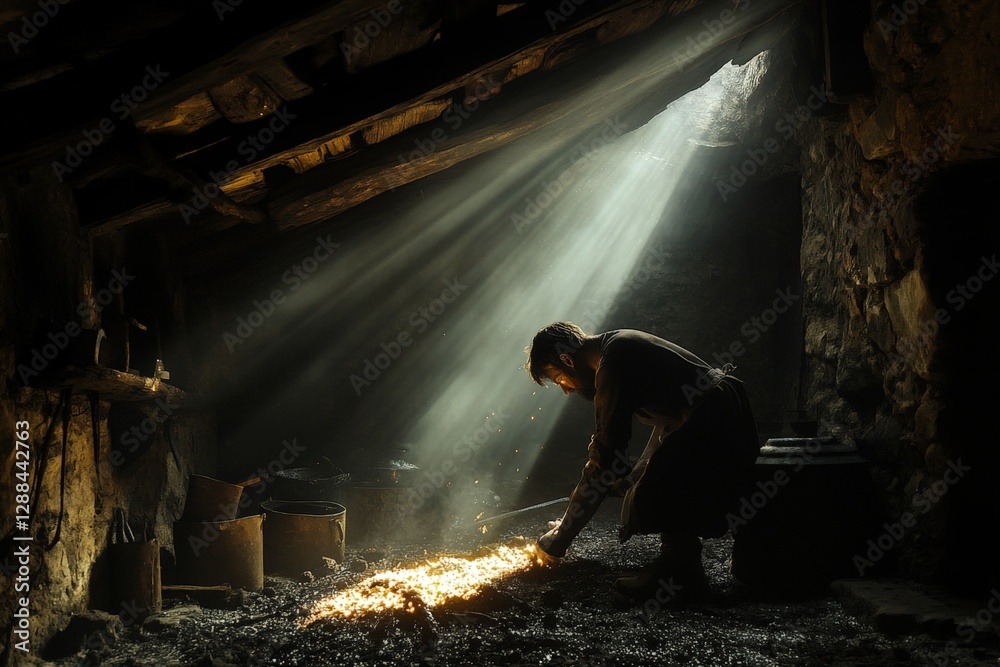 Poster craftsman forging metal in a workshop with sunlight streaming through windows