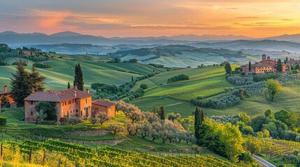 Breathtaking view of rolling hills at sunset.