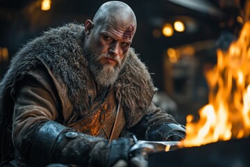 Obraz premium Craftsman forges metal in a traditional blacksmith workshop during medieval times