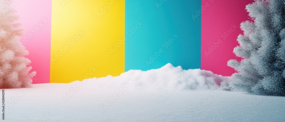 Poster contemporary pop art winter display vibrant color-blocked background with snow and frosted trees - m