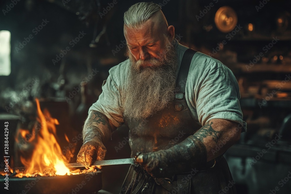 Poster Master blacksmith forging a blade in a traditional workshop at dusk with glowing embers and intense focus