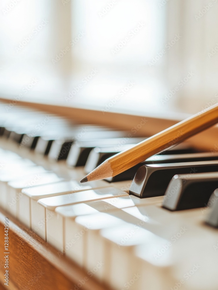 Poster contemporary music education visual clean piano keyboard with floating notes and textures - enhancin