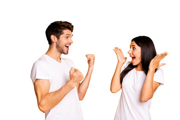 Photo of amazing yelling couple celebrating unbelievable free abroad trip lottery wear casual...