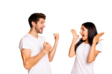 Photo of amazing yelling couple celebrating unbelievable free abroad trip lottery wear casual t-shirts isolated yellow color background