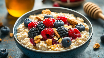 A bowl of oatmeal topped with fresh berries and nuts