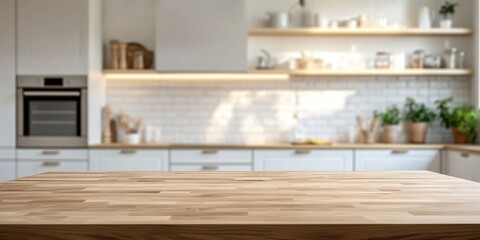 Empty wooden table in a blurred modern kitchen