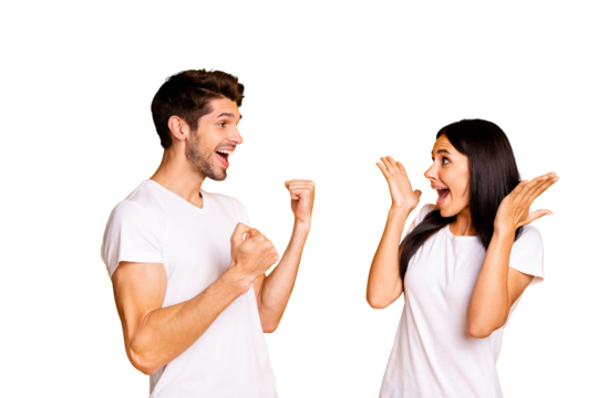 Photo of amazing yelling couple celebrating unbelievable free abroad trip lottery wear casual t-shirts isolated yellow color background - Powered by Adobe