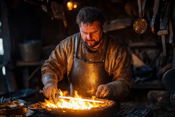 Blacksmith crafting a sword in a traditional workshop filled with tools and firelight