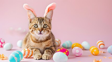 A cute cat wearing bunny ears, playfully surrounded by Easter eggs on a pastel pink background with a whimsical charm.