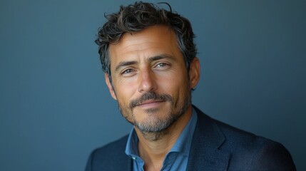 Fototapeta premium Confident mature man portrait, subtle smile, dark blue background.
