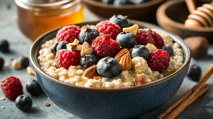A bowl of oatmeal topped with fresh berries and nuts