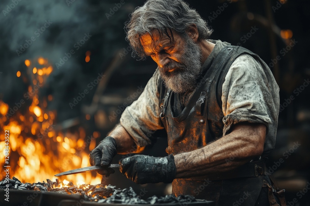 Poster Blacksmith working at forge during sunset creating an intricate metal piece with passion and skill