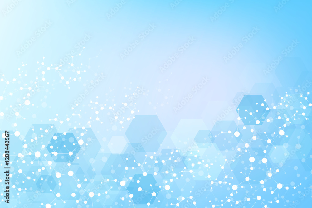 Sticker modern scientific background with hexagons, lines and dots. wave flow abstract background. molecular