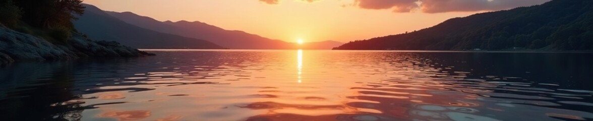 Calm lake shore at sunset with gentle ripples, peaceful, waterfall, reflection