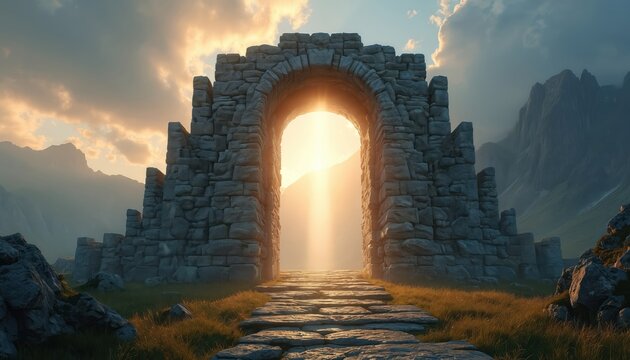 Majestic stone gate stands in mountainous landscape. Light streams through arch, casting ethereal glow. Ancient architecture evokes mystery, fantasy. Stone path invites viewers to mysterious travel