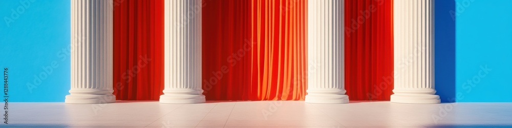 Poster Neoclassical Stage Set Bold Red Drapes and Pillars on Minimal Canvas - Immersive Visuals for Event Backdrops and Cultural Venue Styling