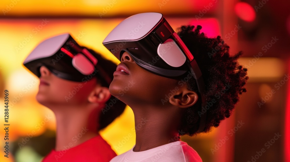Poster immersive vr experience zone adolescent diversity exploring cutting-edge tech with sleek vr headsets