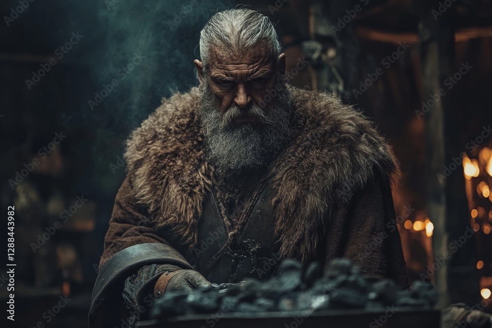 Aufkleber elderly man in fur cloak working with coal in a dark, rustic workshop during twilight hours
