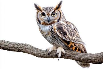 Naklejka premium Majestic Great Horned Owl Perched on a Branch Isolated on White Background