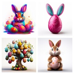 Obraz premium Four images of Easter themes: a colorful bunny with eggs, an egg bunny, a tree with Easter eggs, and a brown bunny holding an egg.