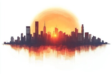 Fototapeta premium Vibrant Cityscape Silhouette at Sunset Urban Skyline Panorama Watercolor Style