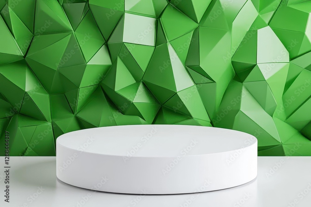Poster 3D render of a white, empty podium platform with an abstract geometric background for a product presentation scene Includes copy space