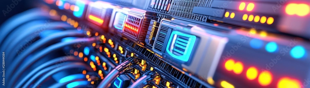 Leinwandbilder 3D render of an abstract digital data center with glowing computer servers and server racks in a dark background High resolution