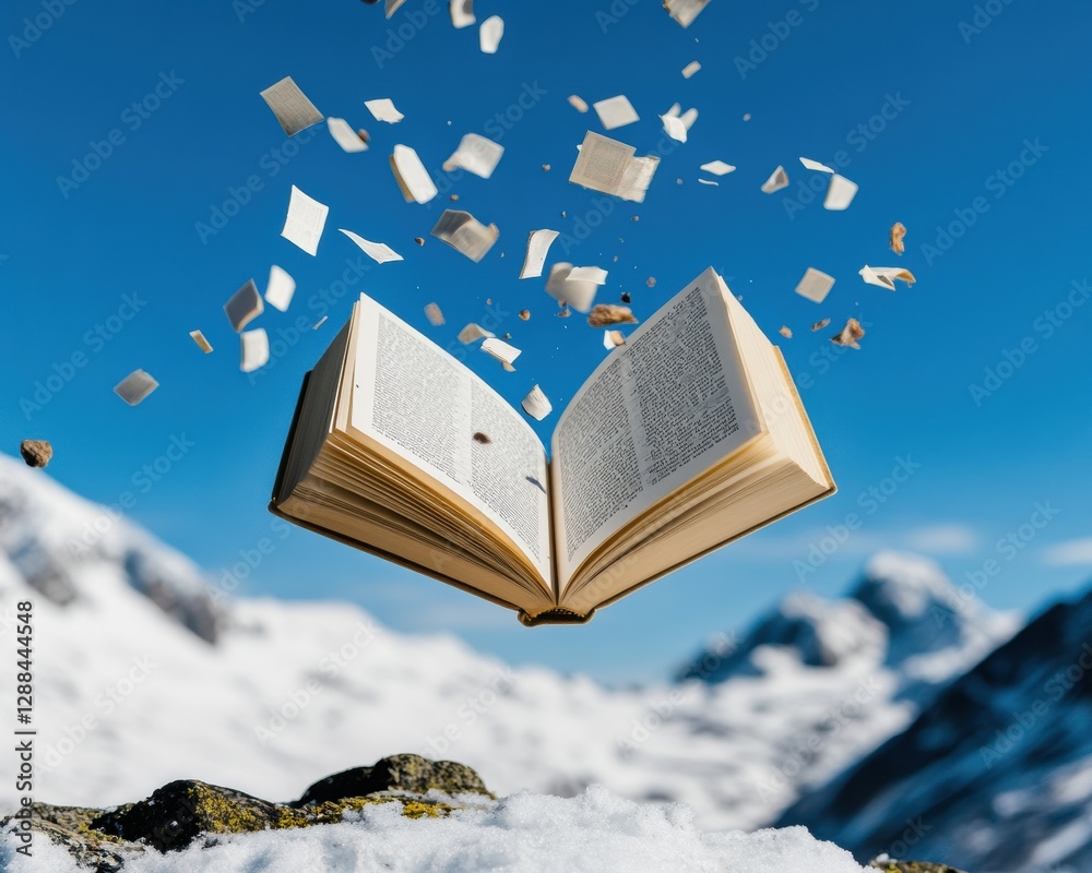 Poster futuristic literary journey floating open book with aerial pages over snow mountains - creative cont