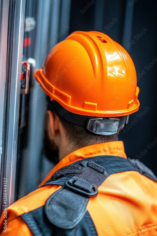 Poster futuristic industrial automation worker in vibrant orange safety gear with advanced control interfac