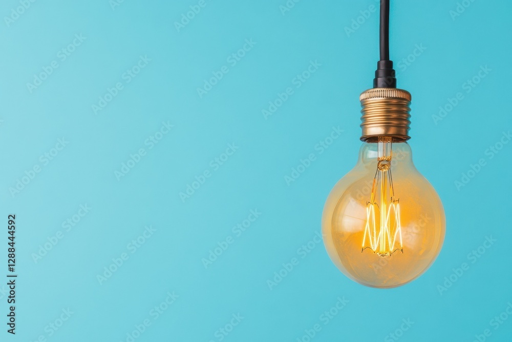Poster contemporary industrial design edison bulb with warm glow on minimalist blue background - dynamic id