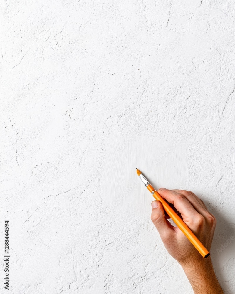 Aufkleber minimalist textured canvas hand with brush on white plaster wall - artistic design content and creat