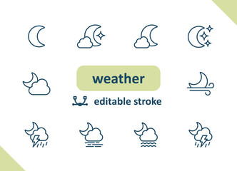 Weather icons. Weather forecast, meteorology, clouds, wind, sunny, rain vector icon set