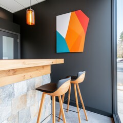 Chic Minimalist Cafe Corner Wooden Bar with Geometric Art and Pendant Light for Modern Hospitality Spaces and Functional Design Inspiration