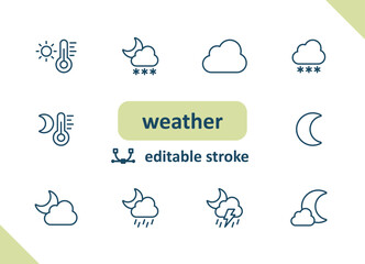 Obraz premium Weather icons. Weather forecast, meteorology, wind, clouds, rain, sunny vector icon set