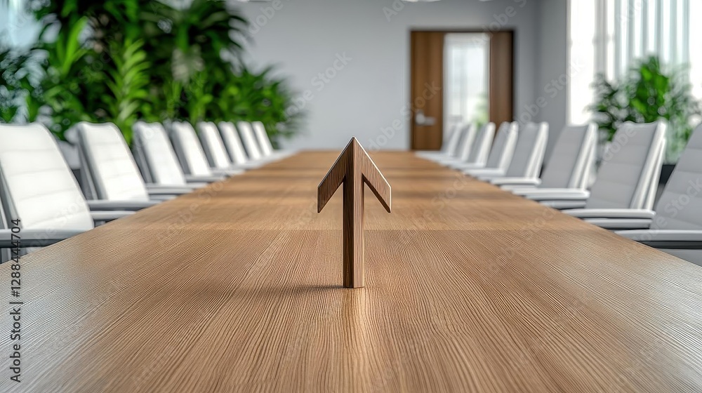 Poster 3d rendering of an arrow pointing to the center on a boardroom table in a luxury conference room wit