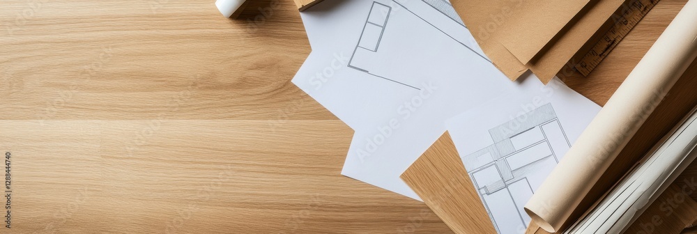 Leinwandbilder modern scandinavian design blueprints architectural planning on oak table - streamlined construction