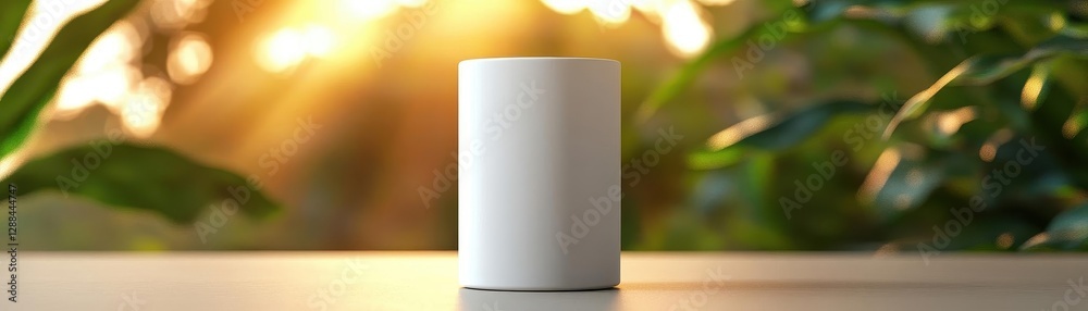 Poster 3D white cylinder on a table, empty space for product presentation, minimal light background with soft shadows and sun rays