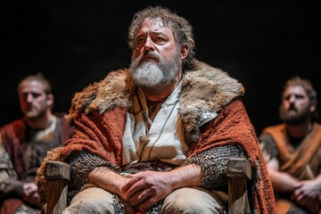 Historical drama featuring a bearded man in traditional attire sitting with others in a dimly lit setting