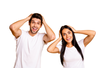 Photo of amazing couple not believe low shopping prices need to buy something wear casual t-shirts isolated yellow color background