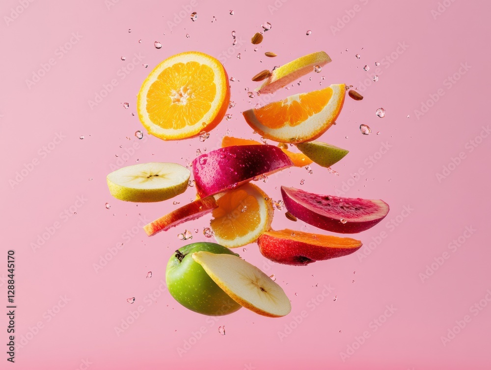 Aufkleber vibrant fruit plunge dynamic citrus and apple slices with splash effect on pink - refreshing beverag