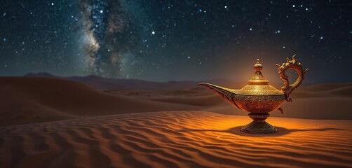 Golden lamp in desert sand against night starry sky. Oriental Aladdin magic lamp with mystery light. Arabian fairytale treasure on dunes. Wish fulfillment hope metaphor. Eastern mythology tale.